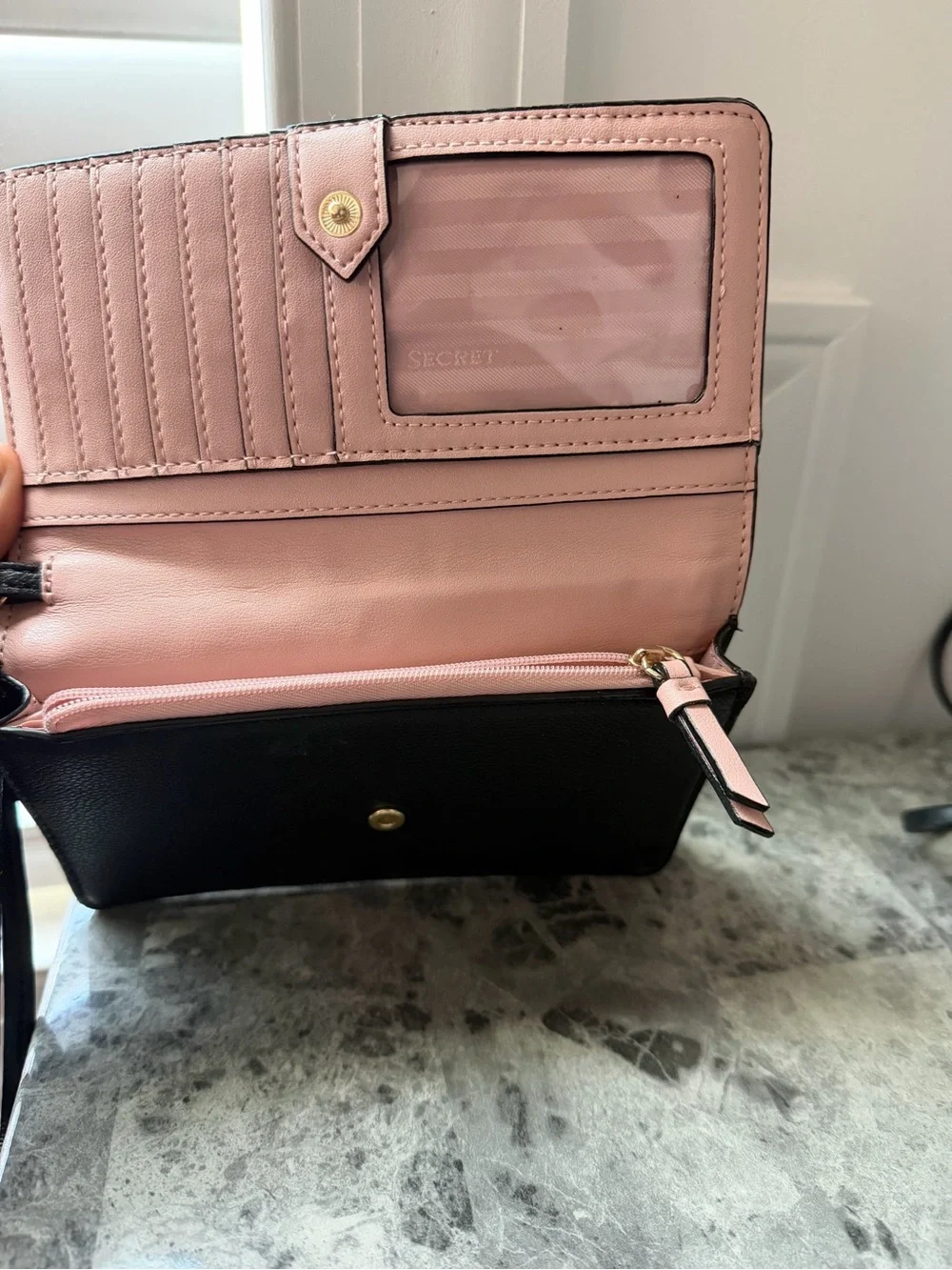 Victoria's Secret Black Quilted Wristlet Clutch with Gold V Accent